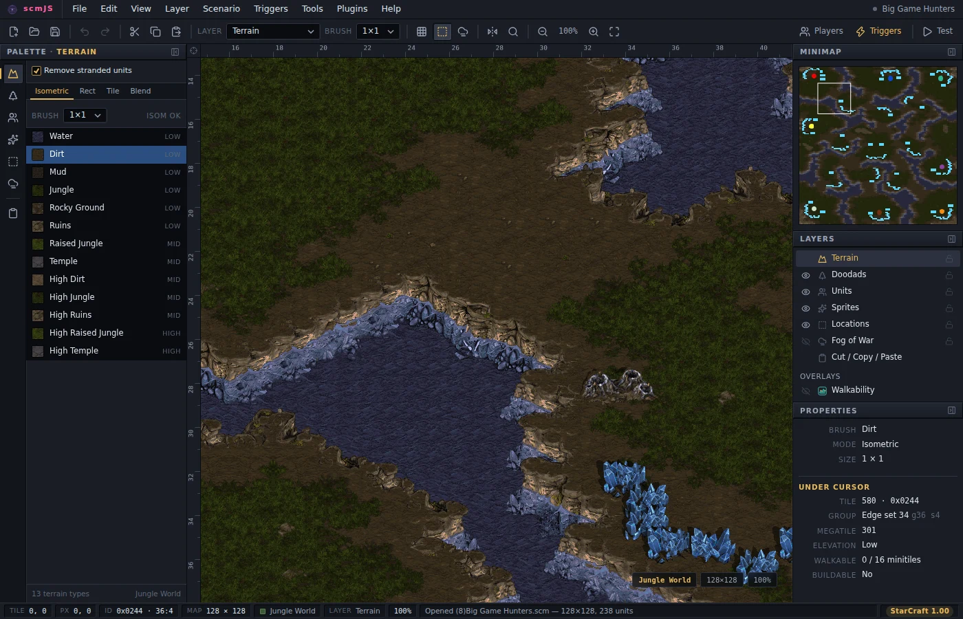 The scmJS editor with Big Game Hunters open on the Terrain layer: the terrain palette on the left, the map in the middle, the minimap, layer list and properties on the right.